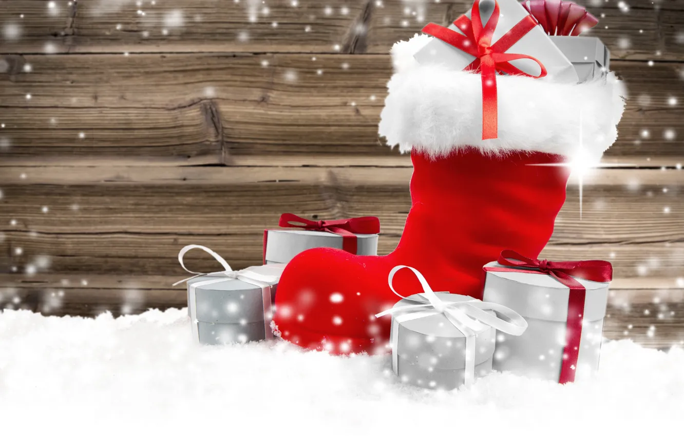 Photo wallpaper winter, snow, gift, new year, boots, Christmas, Christmas, winter