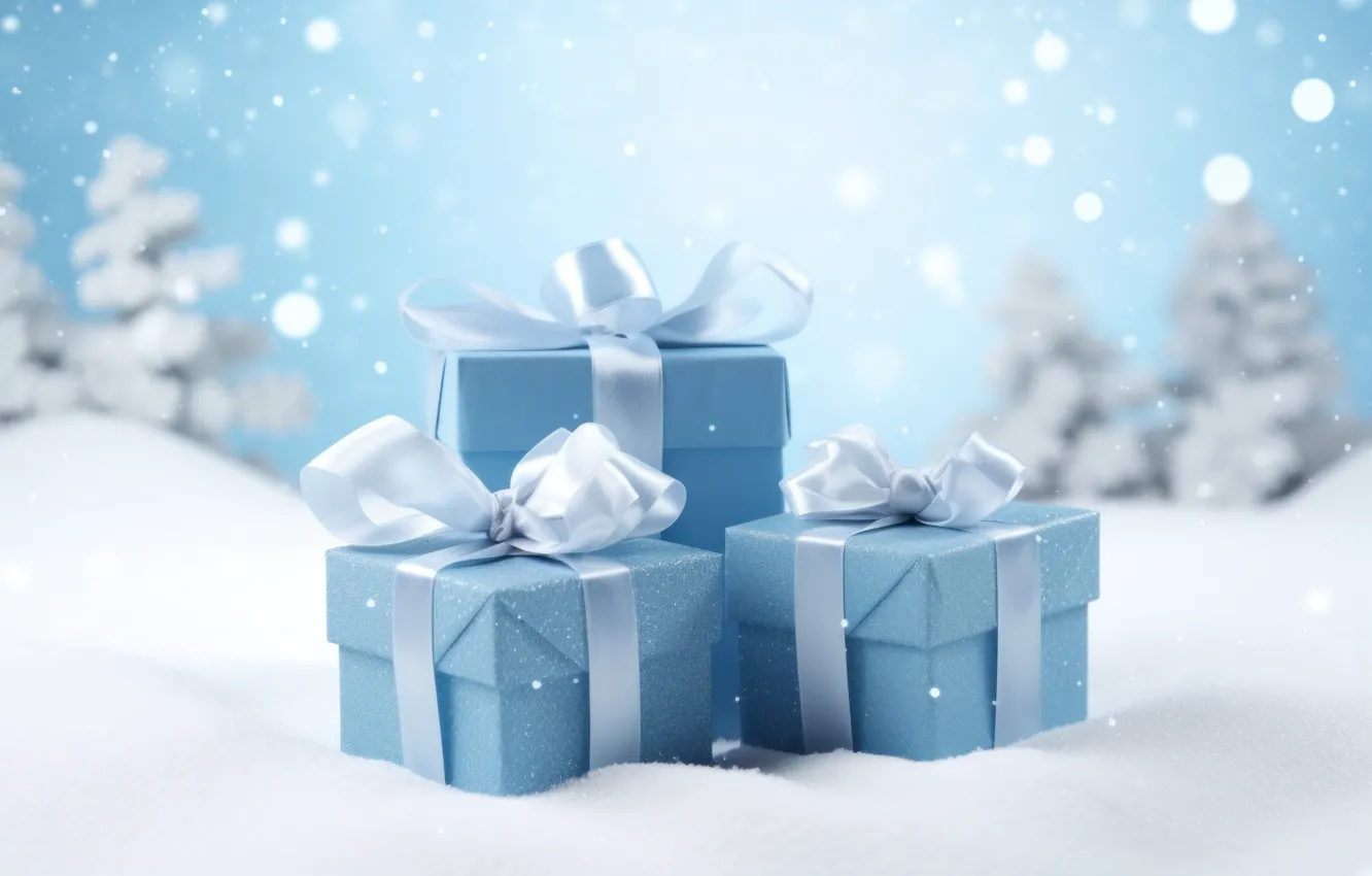 Photo wallpaper winter, snow, gift, new year, Christmas, bow, light background, bow