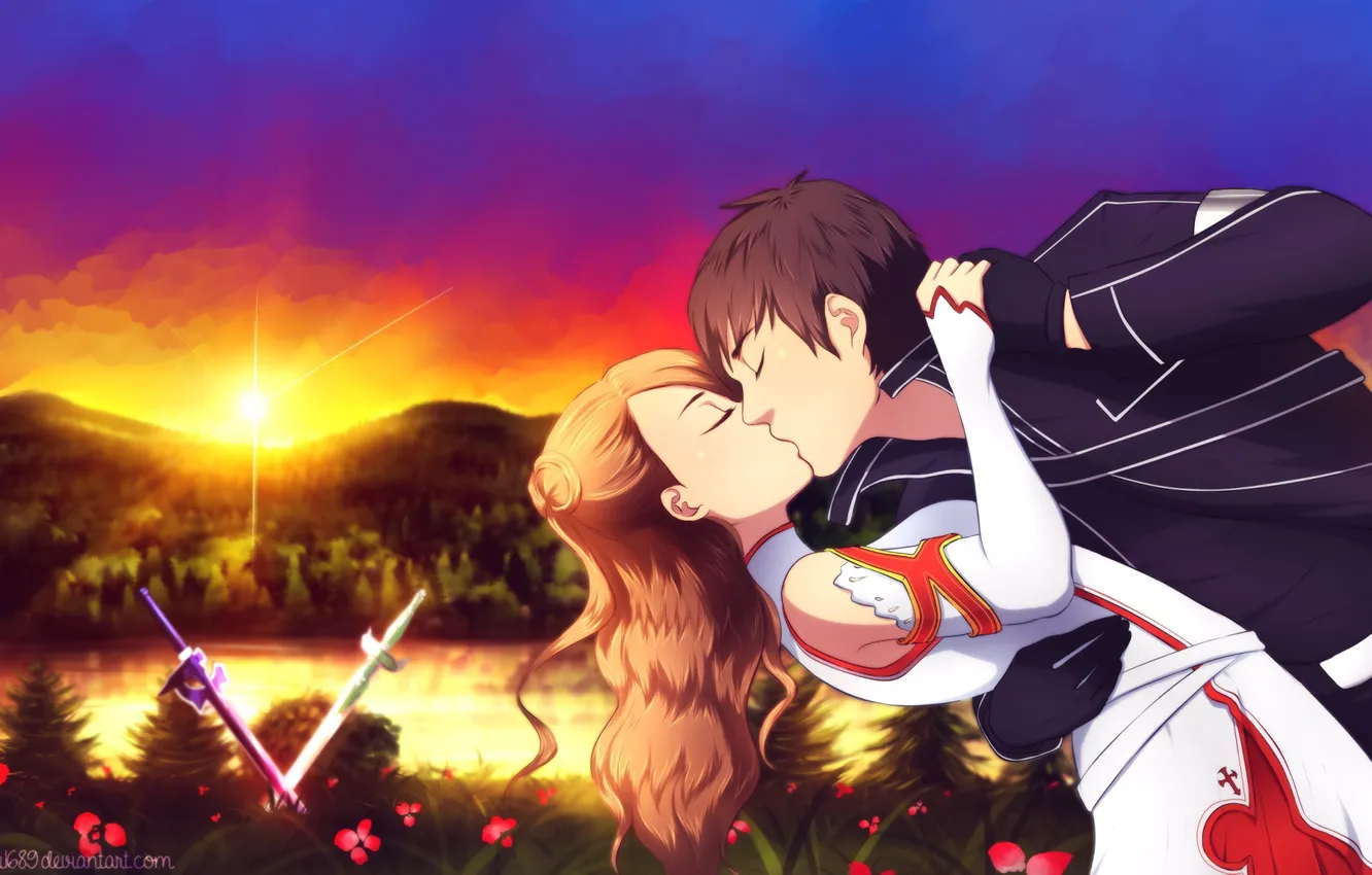 Photo wallpaper kiss, anime, art, guy, Sword art online, Sword Art Online, Asuna, Kirito