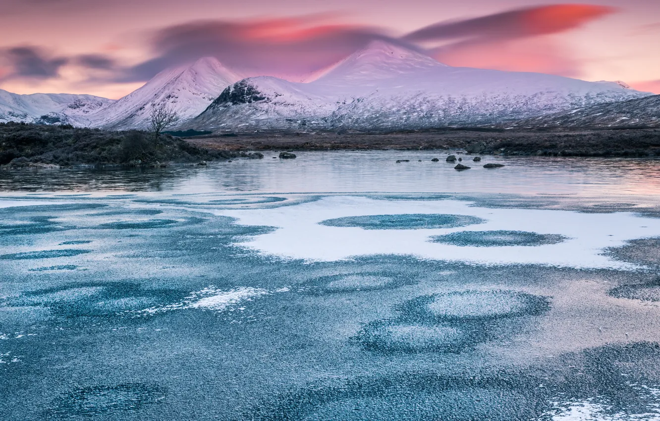 Photo wallpaper ice, winter, clouds, snow, mountains, shore, dal, slope