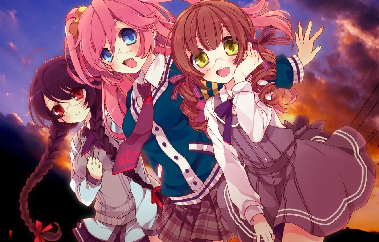 Photo wallpaper the sky, girl, clouds, sunset, anime, art, glasses, braids