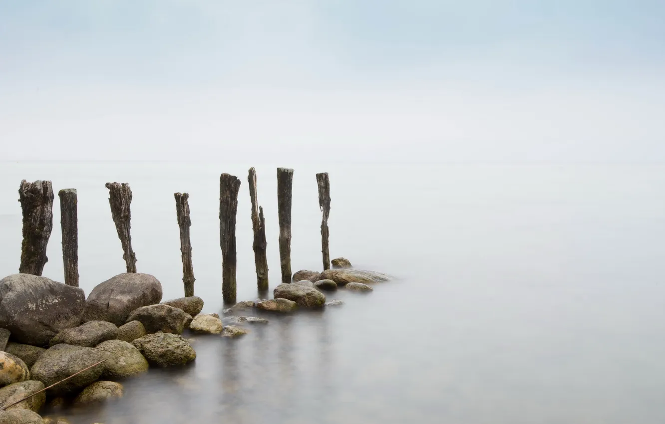 Photo wallpaper sea, landscape, fog, stones