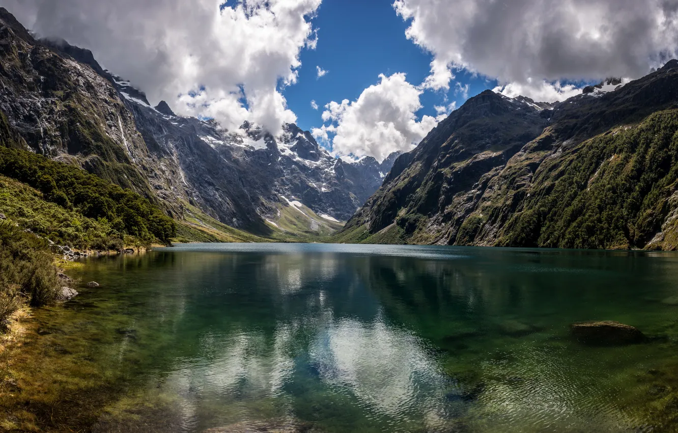Photo wallpaper clouds, mountains, lake, rocks, New Zealand, Fiordland National Park, Lake Marian