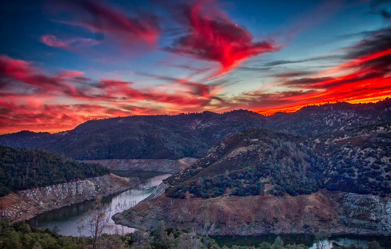 Photo wallpaper clouds, mountains, nature, river, glow