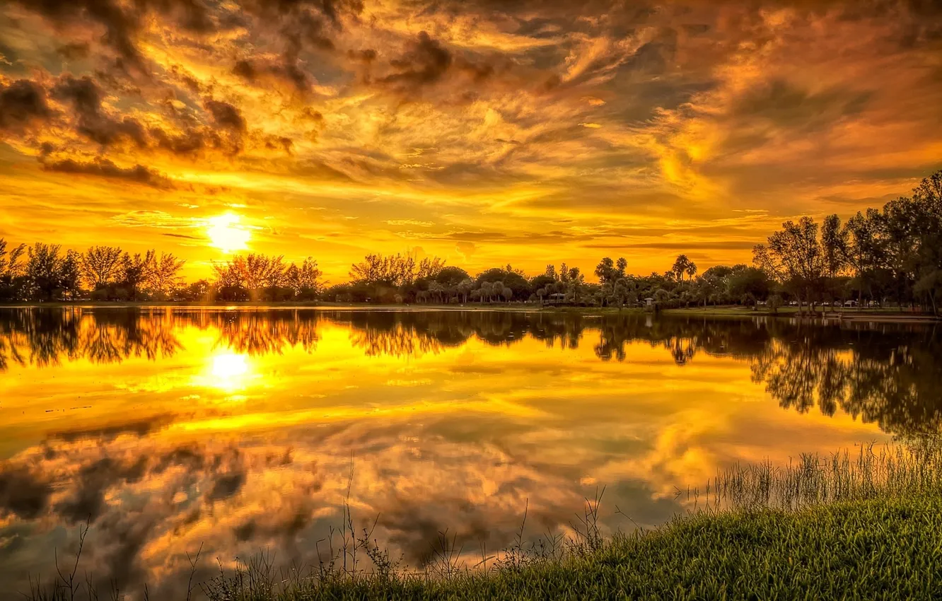 Photo wallpaper the sky, sunset, lake, reflection