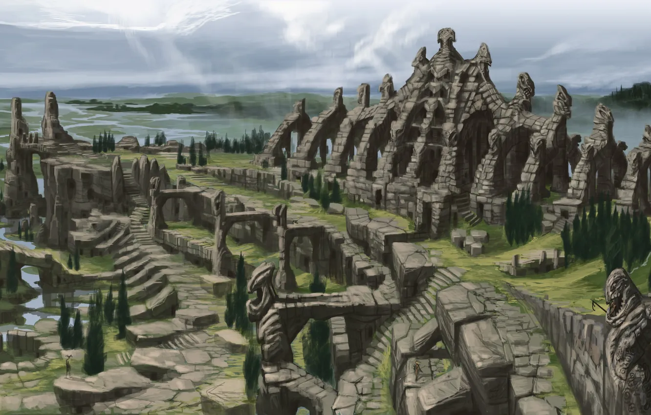 Photo wallpaper landscape, rocks, building, home, arch, river, The Elder Scrolls V: Skyrim