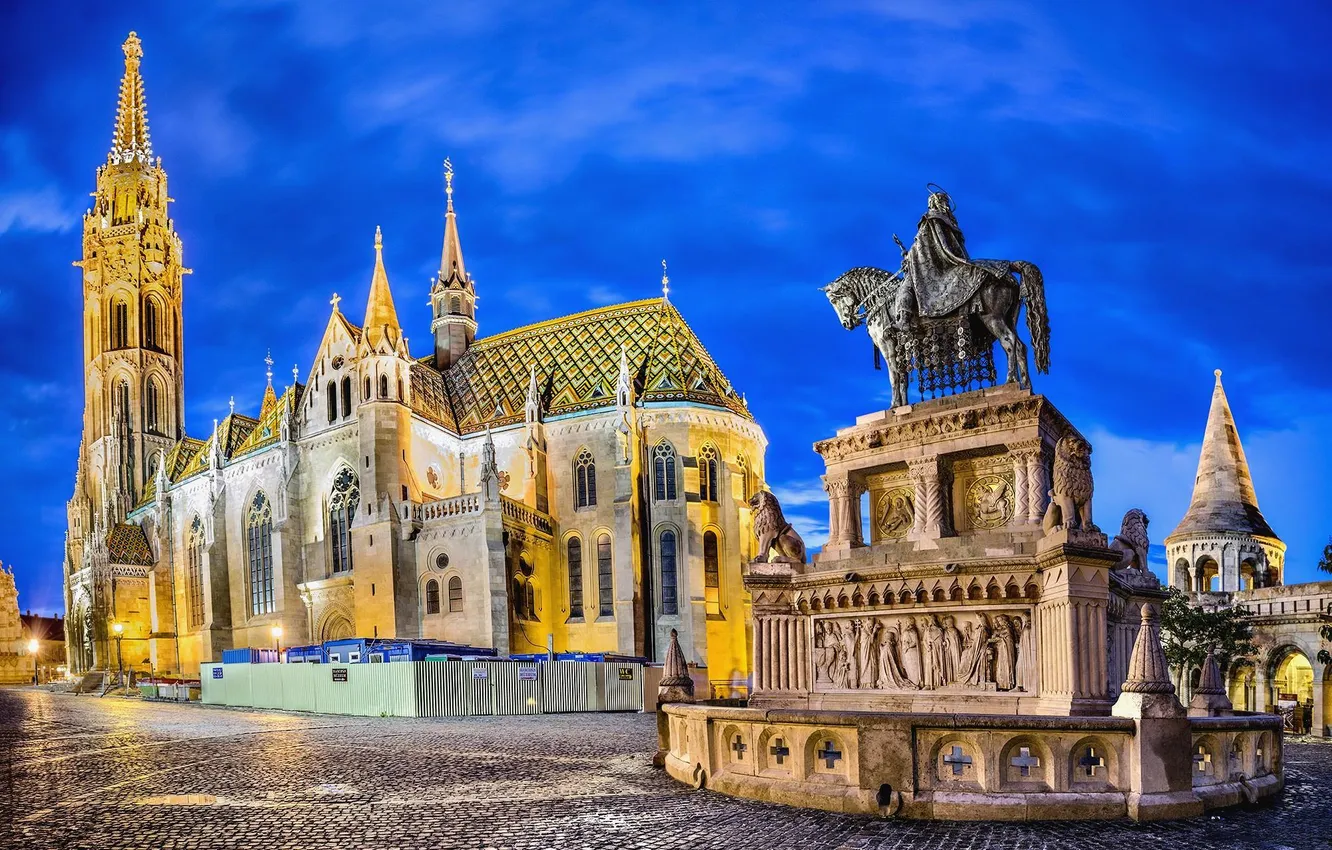 Photo wallpaper the sky, night, lights, area, monument, Church, Hungary, Budapest