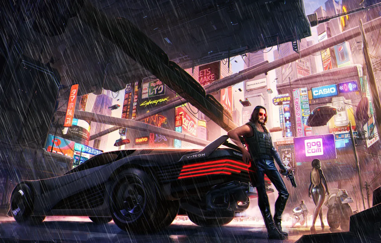 Photo wallpaper The game, City, Weapons, Car, Art, Rain, Neon, Keanu Reeves