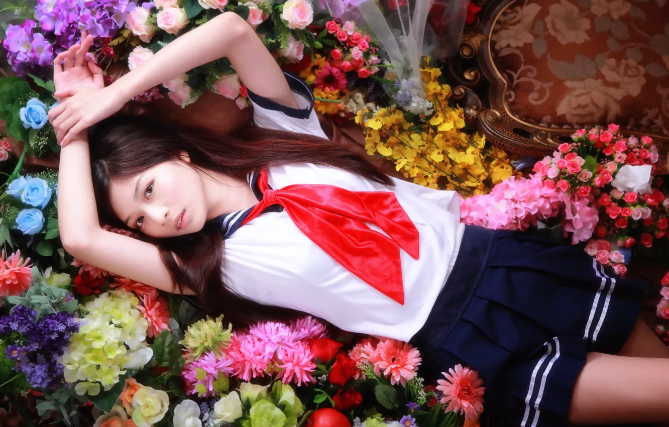 Photo wallpaper girl, flowers, Asian