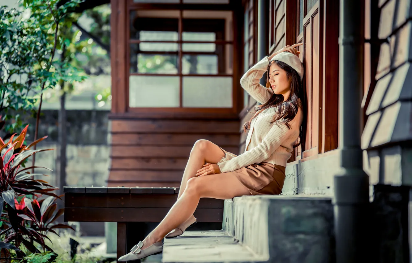 Photo wallpaper girl, skirt, legs, Asian, takes