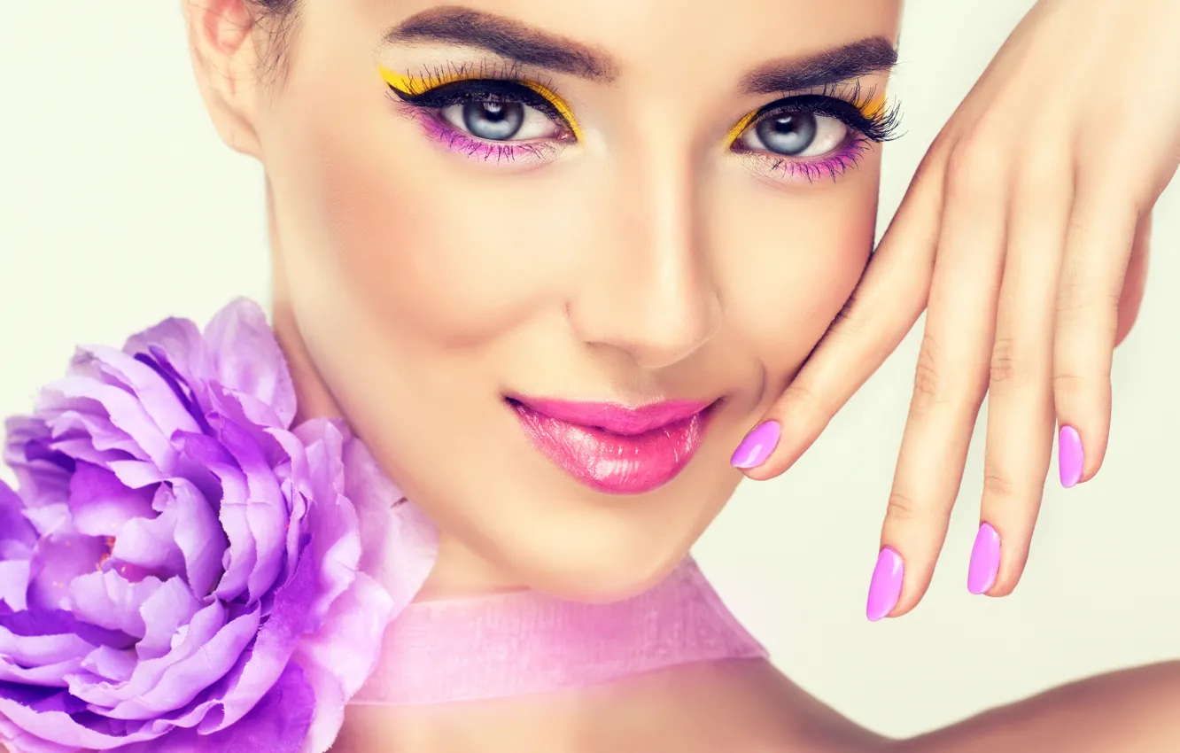 Photo wallpaper flower, look, girl, smile, background, model, hand, makeup