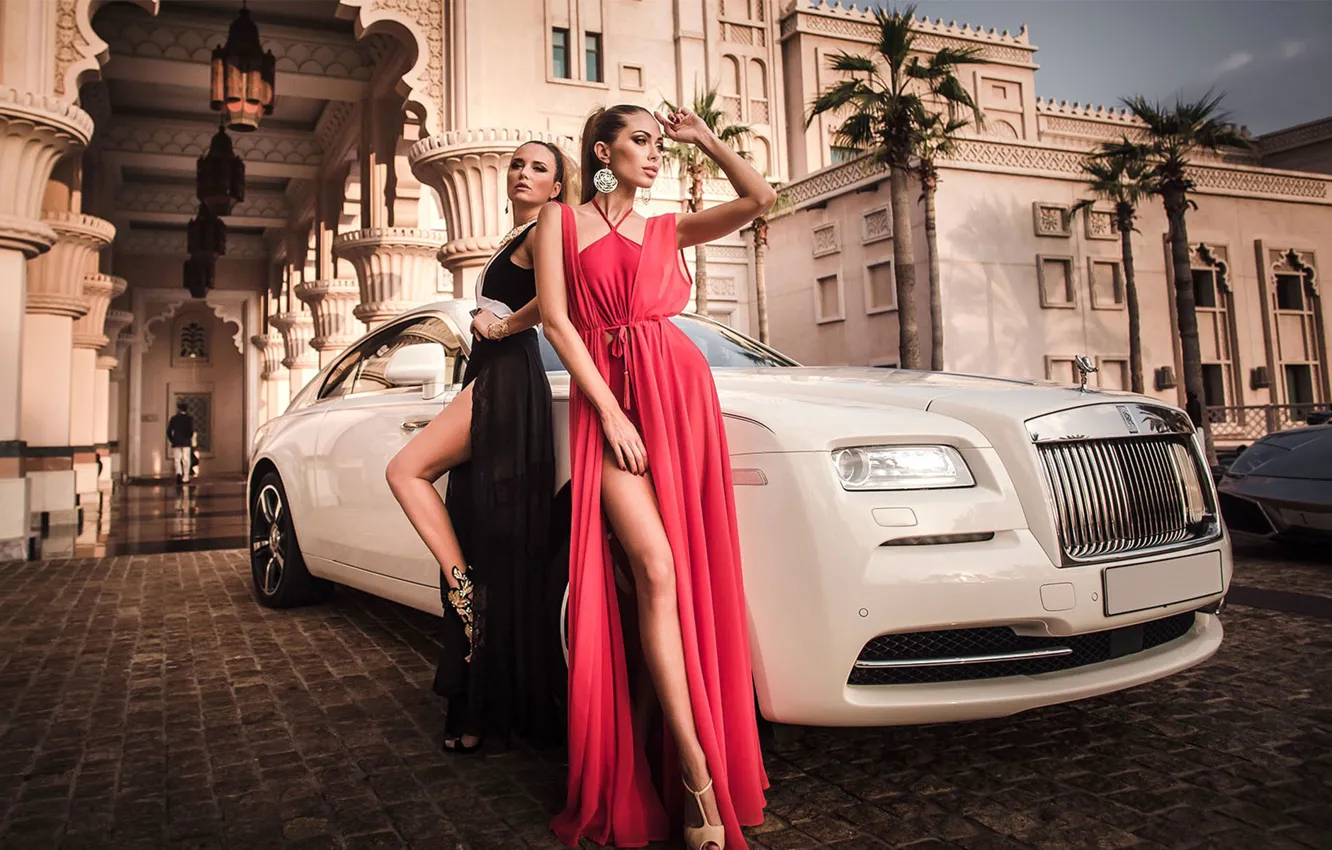 Photo wallpaper look, girl, Rolls-Royce, beautiful girls, white car, posing over the car
