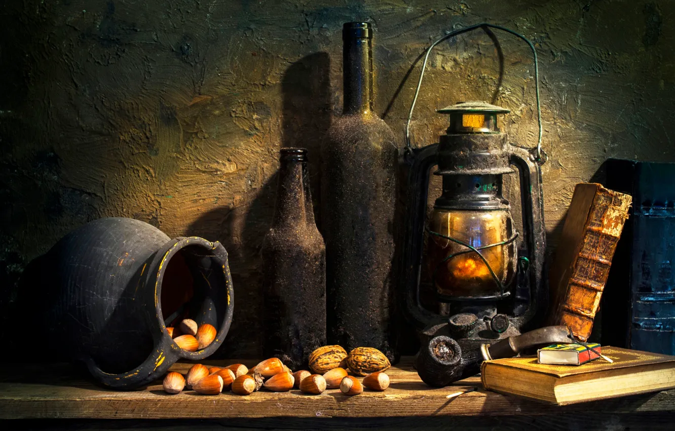 Photo wallpaper bottle, lamp, tube, book, nuts, Forgotten times