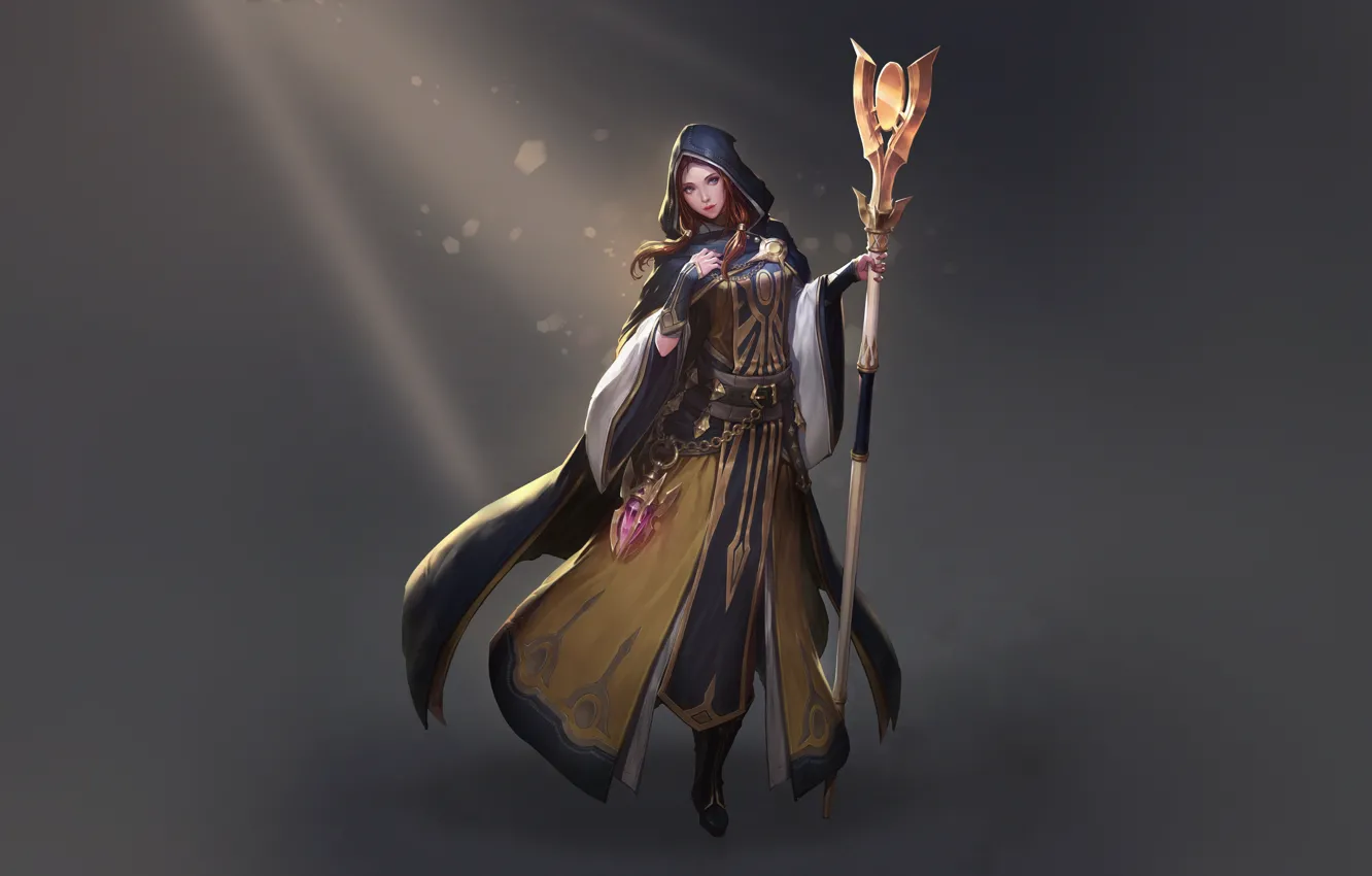 Photo wallpaper lights, girl, fantasy, style, art, Characters, staff, sorceress