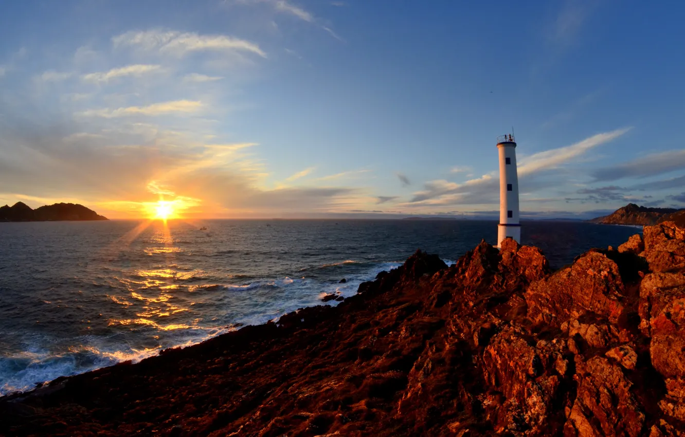 Photo wallpaper sea, the sun, landscape, sunset, nature, rocks, lighthouse, Spain