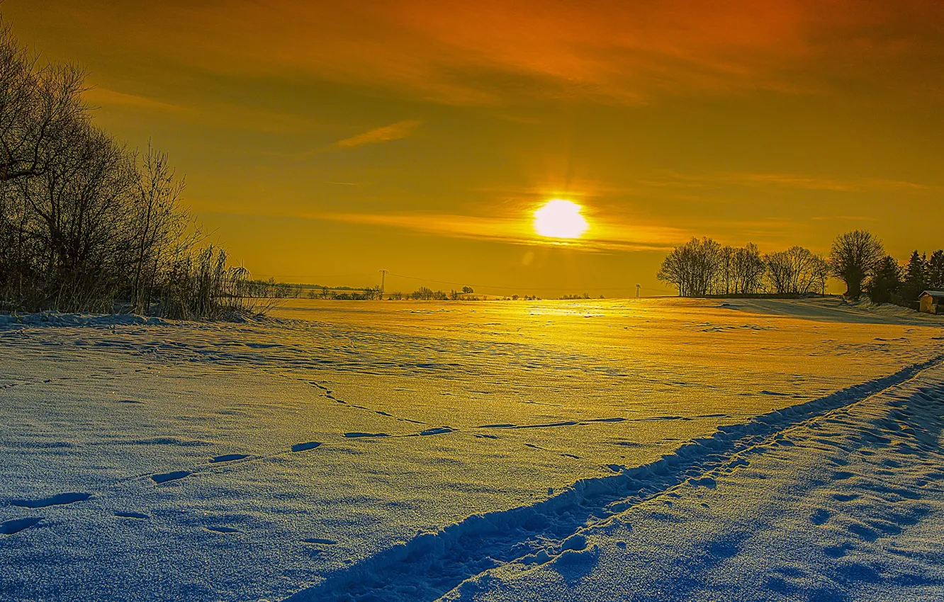 Photo wallpaper landscape, sunset, winter, snow