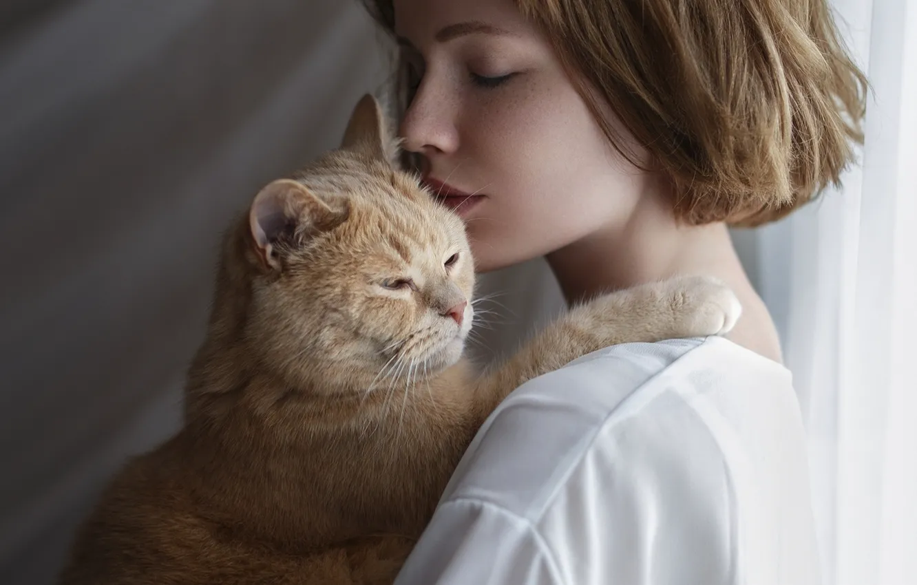 Photo wallpaper cat, love, face, woman