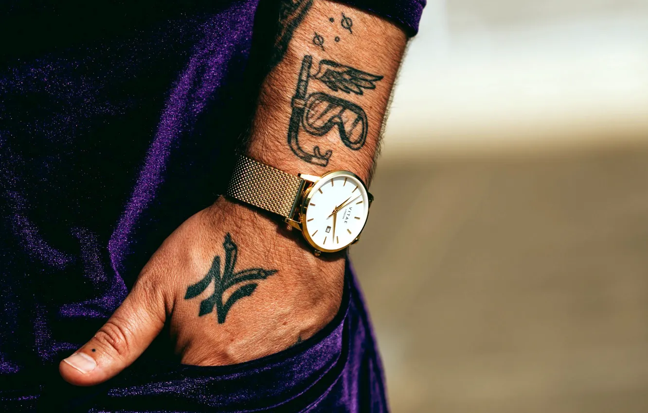 Photo wallpaper watch, hands, tattoo, male, in the pocket