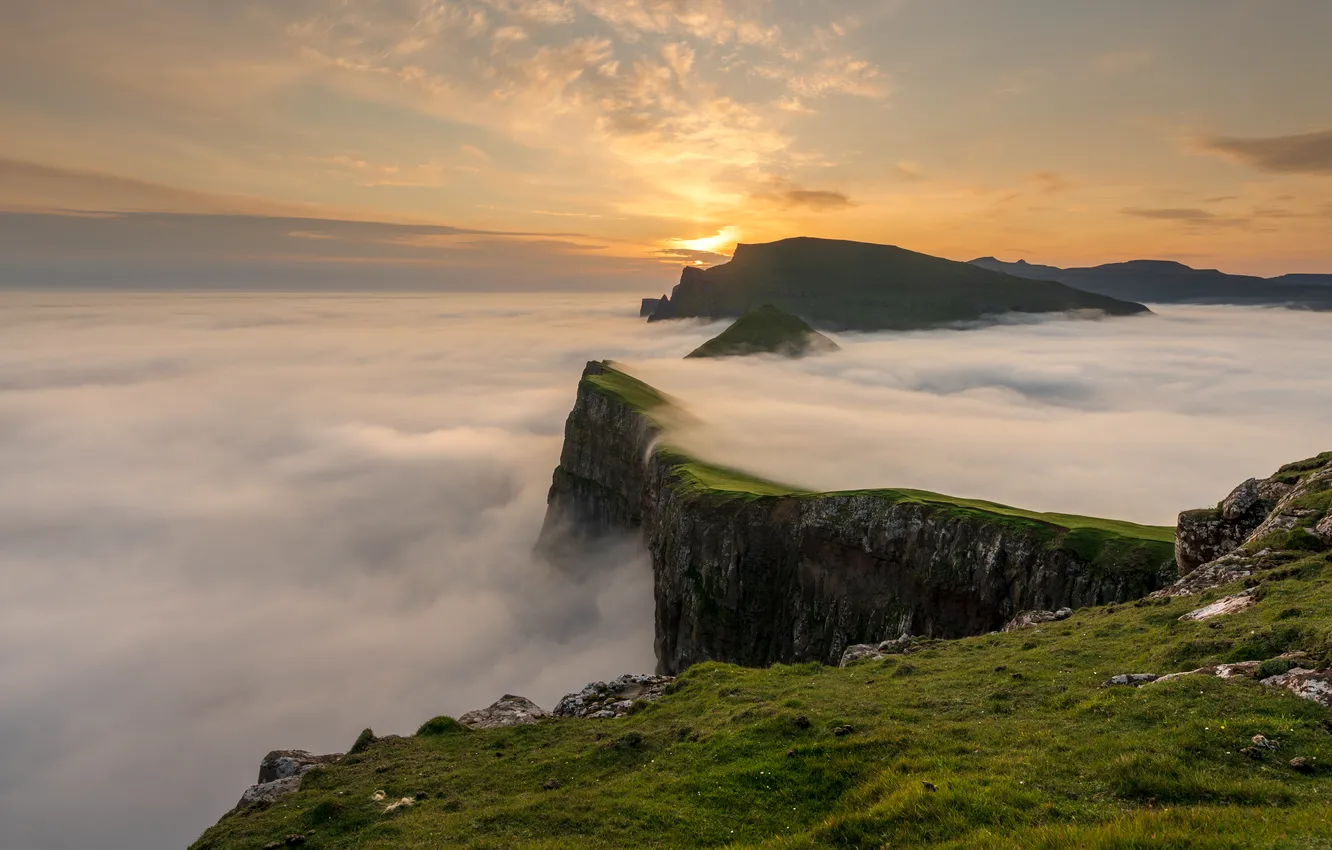 Photo wallpaper grass, sky, landscape, nature, mountains, clouds, rocks, sunrise