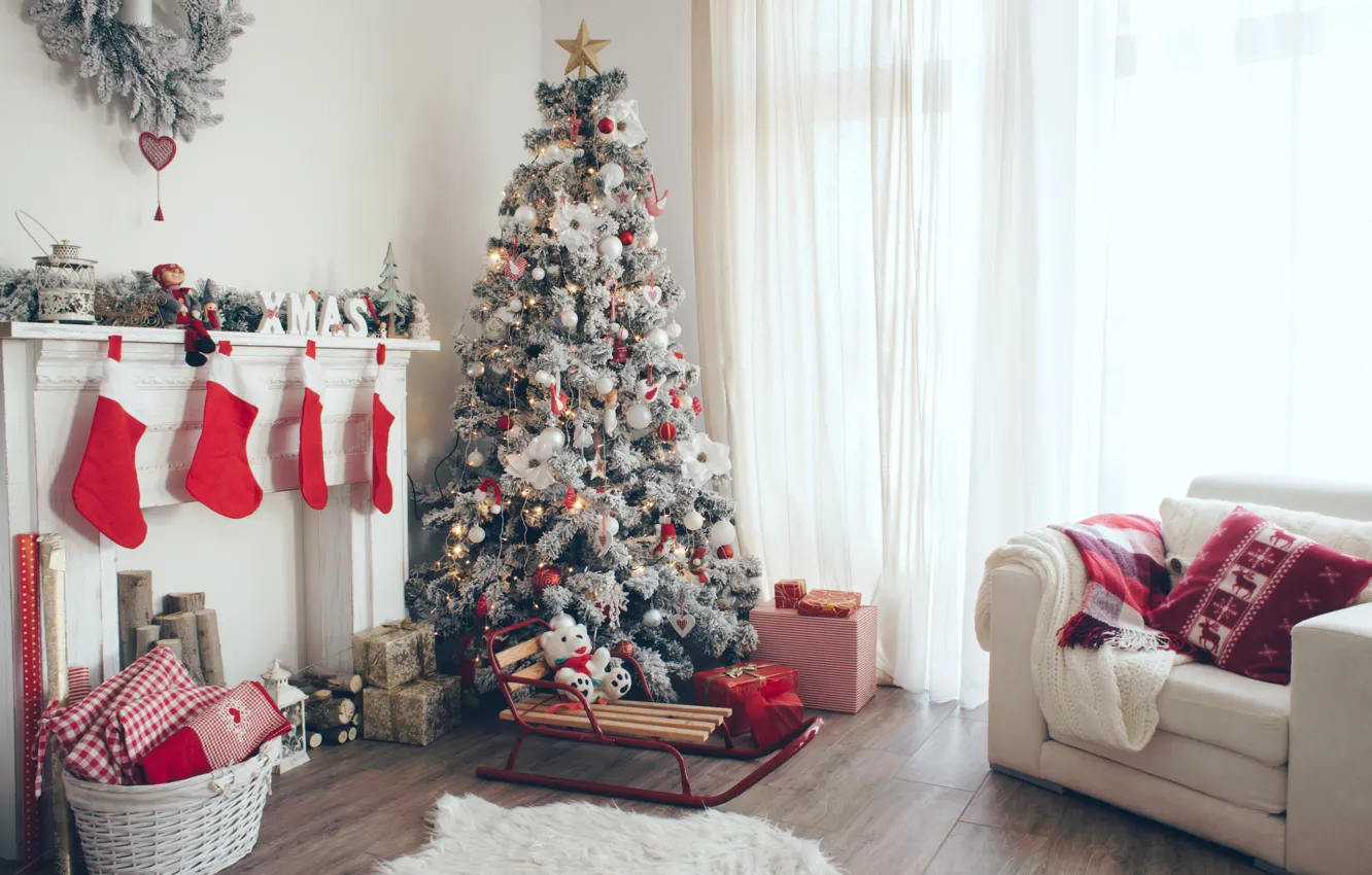 Photo wallpaper holiday, tree, New year, fireplace, New Year