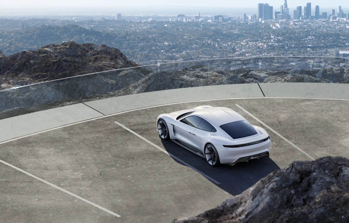 Photo wallpaper Concept, the city, mountain, Porsche, Parking, Parking, white, the view from the top
