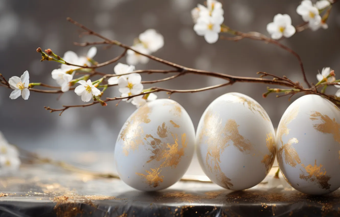 Photo wallpaper branches, holiday, eggs, spring, Easter, flowering, painted, eggs