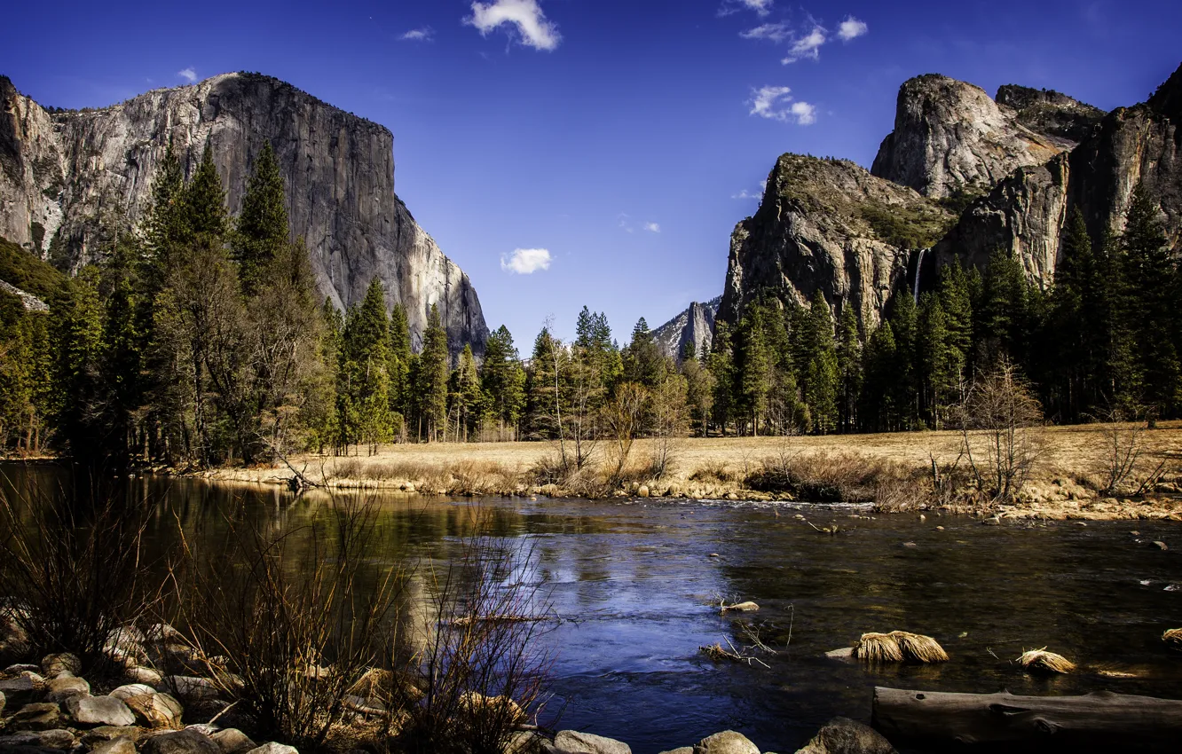 Photo wallpaper mountains, river, stones, shore, tops, USA, Yosemite National Park, Yosemite national Park