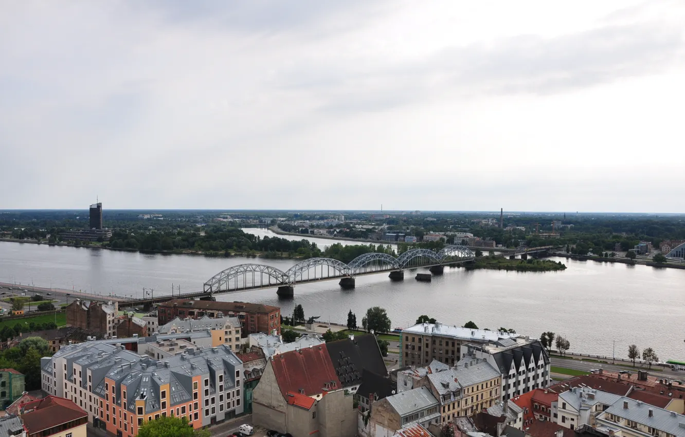 Photo wallpaper summer, the sky, clouds, bridge, river, Church, panorama, Riga