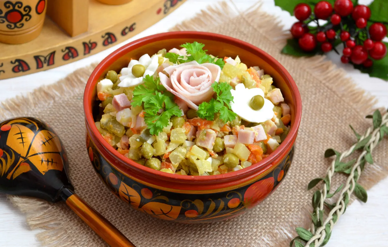 Photo wallpaper spoon, vegetables, sausage, salad, Olivier