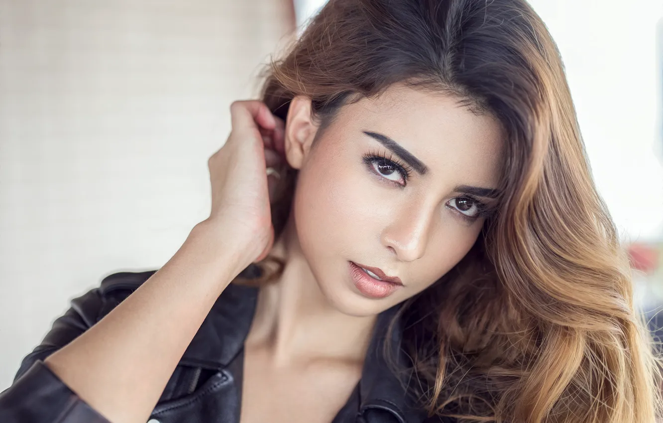 Photo wallpaper look, pose, black, portrait, makeup, jacket, hairstyle, brown hair