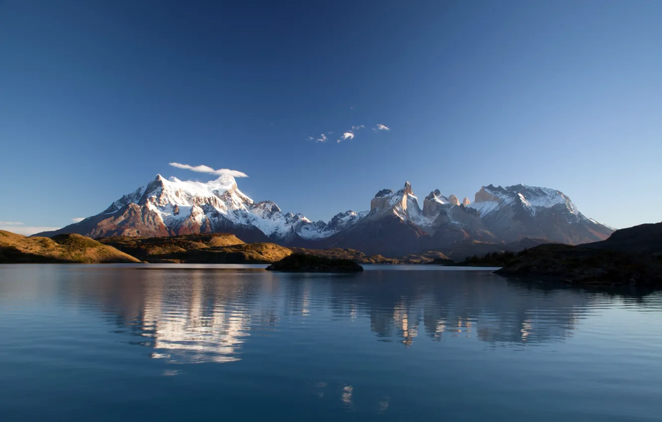 Photo wallpaper the sky, snow, landscape, reflection, space, snowy mountains, Chile, water surface
