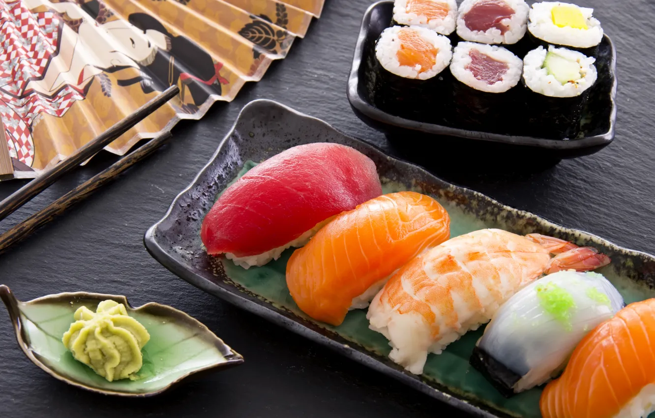 Photo wallpaper food, fish, figure, sushi, rolls, shrimp, wasabi, salmon