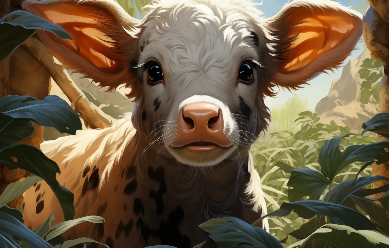 Photo wallpaper grass, look, ears, face, digital art, calf, bull, AI art