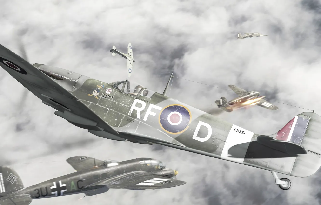 Photo wallpaper aviation, art, the plane, the Germans, British, dogfight, The second World war