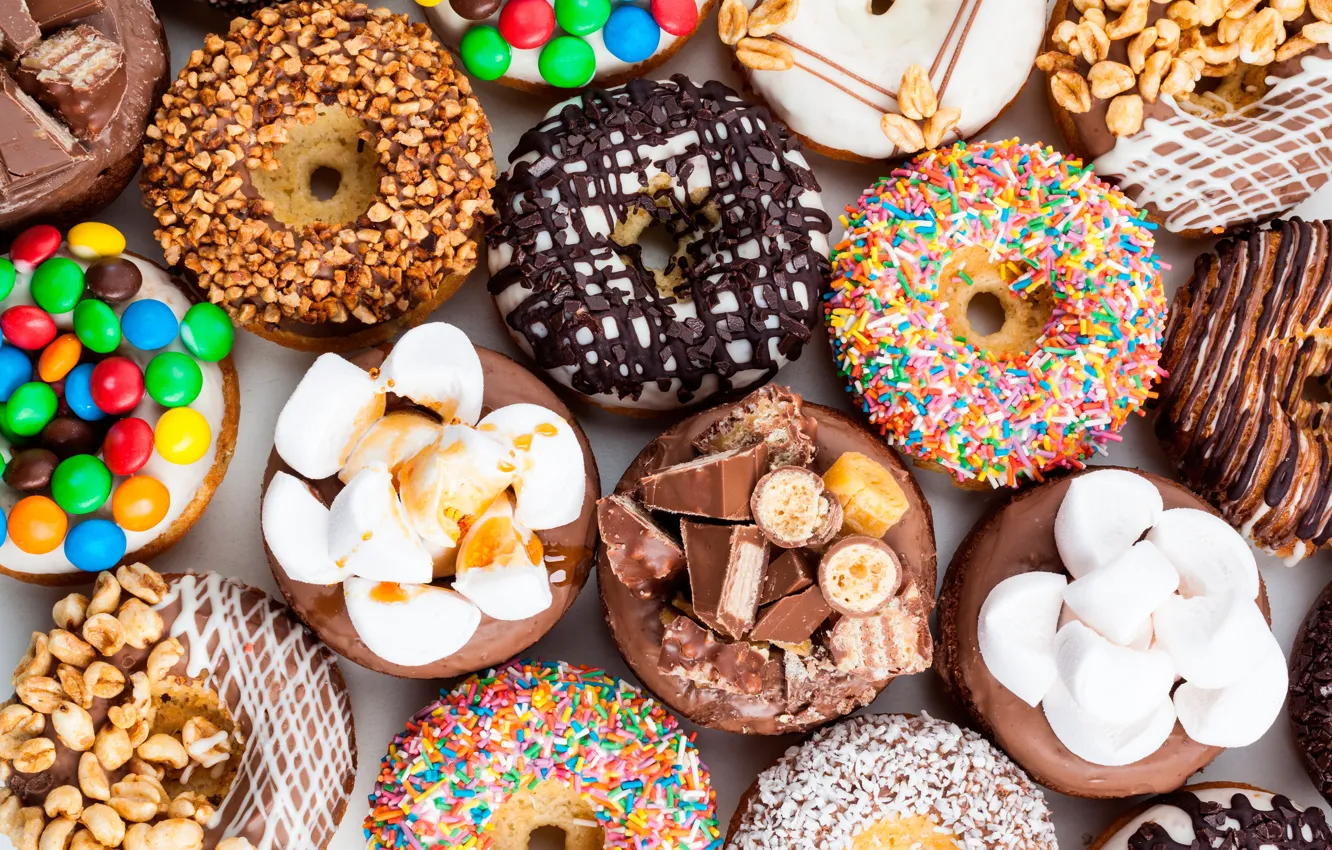 Photo wallpaper chocolate, candy, sweets, donuts, nuts, cakes, marshmallows