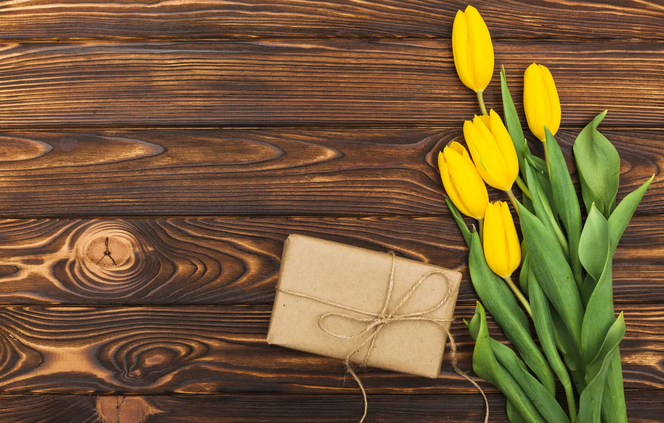 Photo wallpaper flowers, yellow, tulips, yellow, wood, flowers, tulips, spring