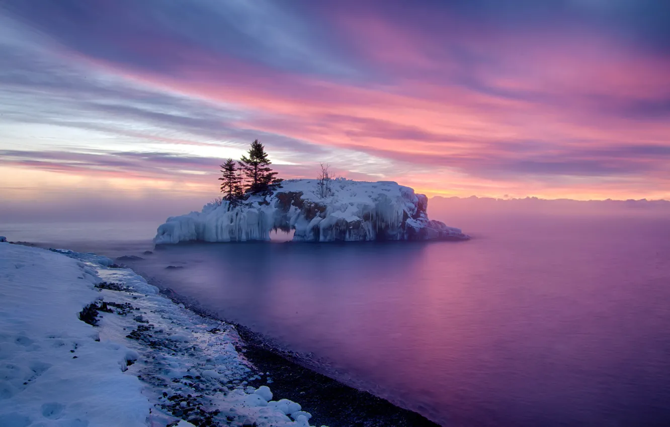 Photo wallpaper winter, sea, sunset