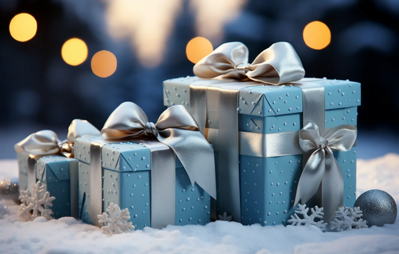 Photo wallpaper winter, snow, decoration, snowflakes, gift, balls, new year, Christmas