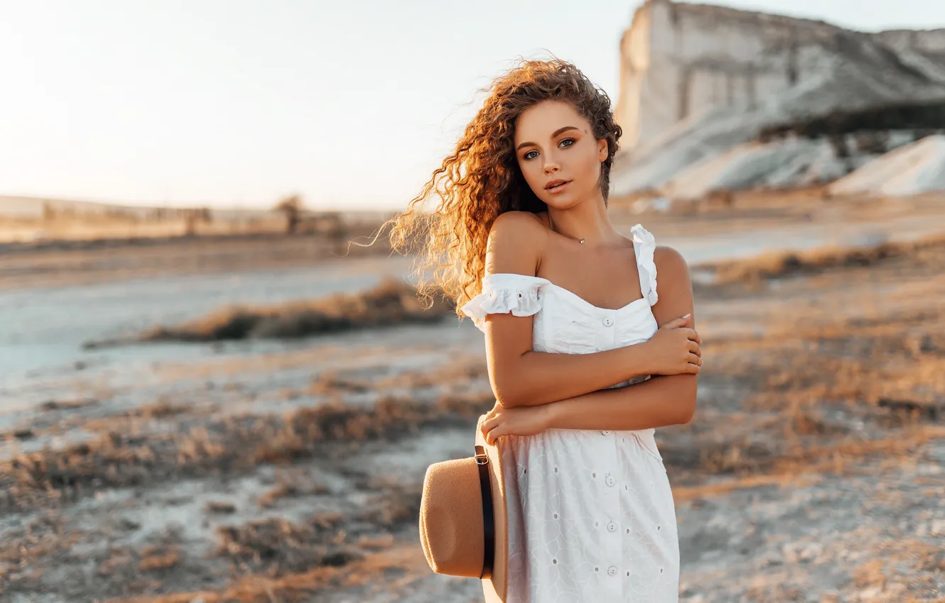 Photo wallpaper look, girl, pose, hat, hands, curls, sundress, Alina Zaslavska