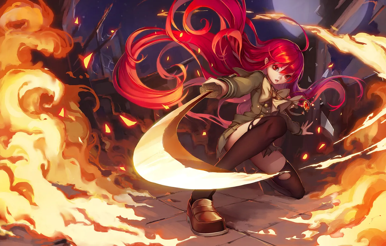 Photo wallpaper girl, lights, weapons, magic, katana, anime, art, amulet