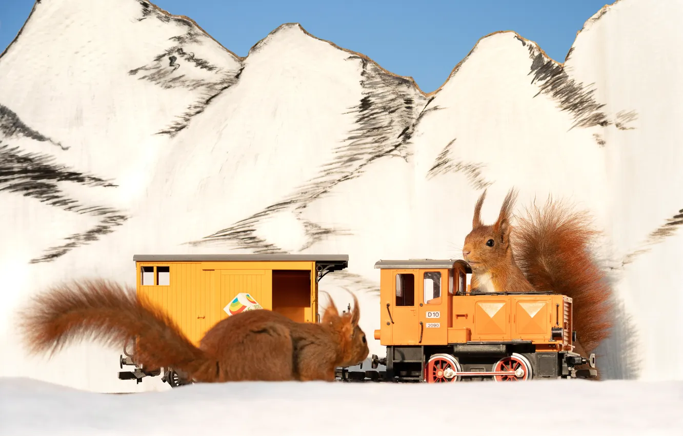 Photo wallpaper winter, machine, look, snow, mountains, pose, toy, train