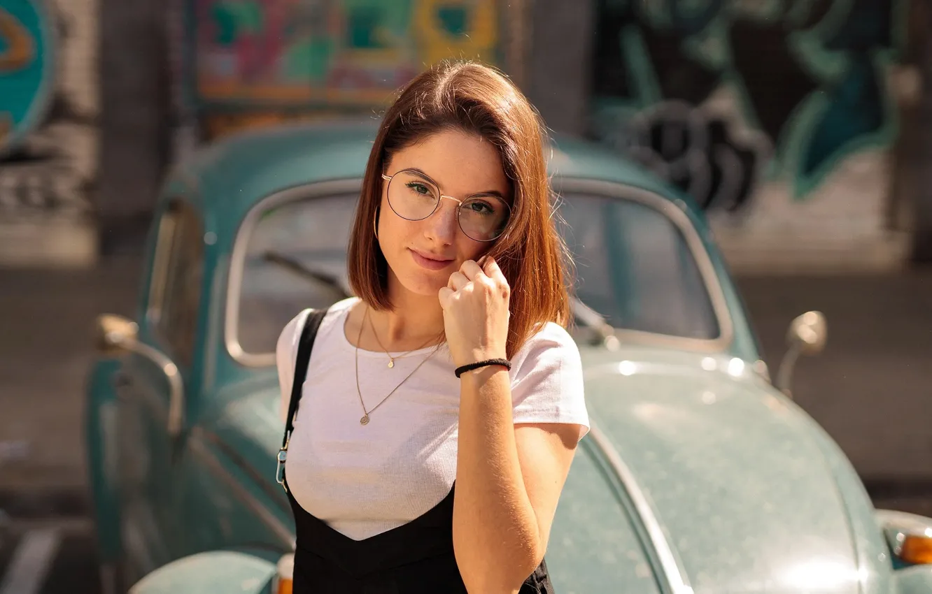 Photo wallpaper machine, girl, beetle, bokeh, Andrea, DAVID MAS