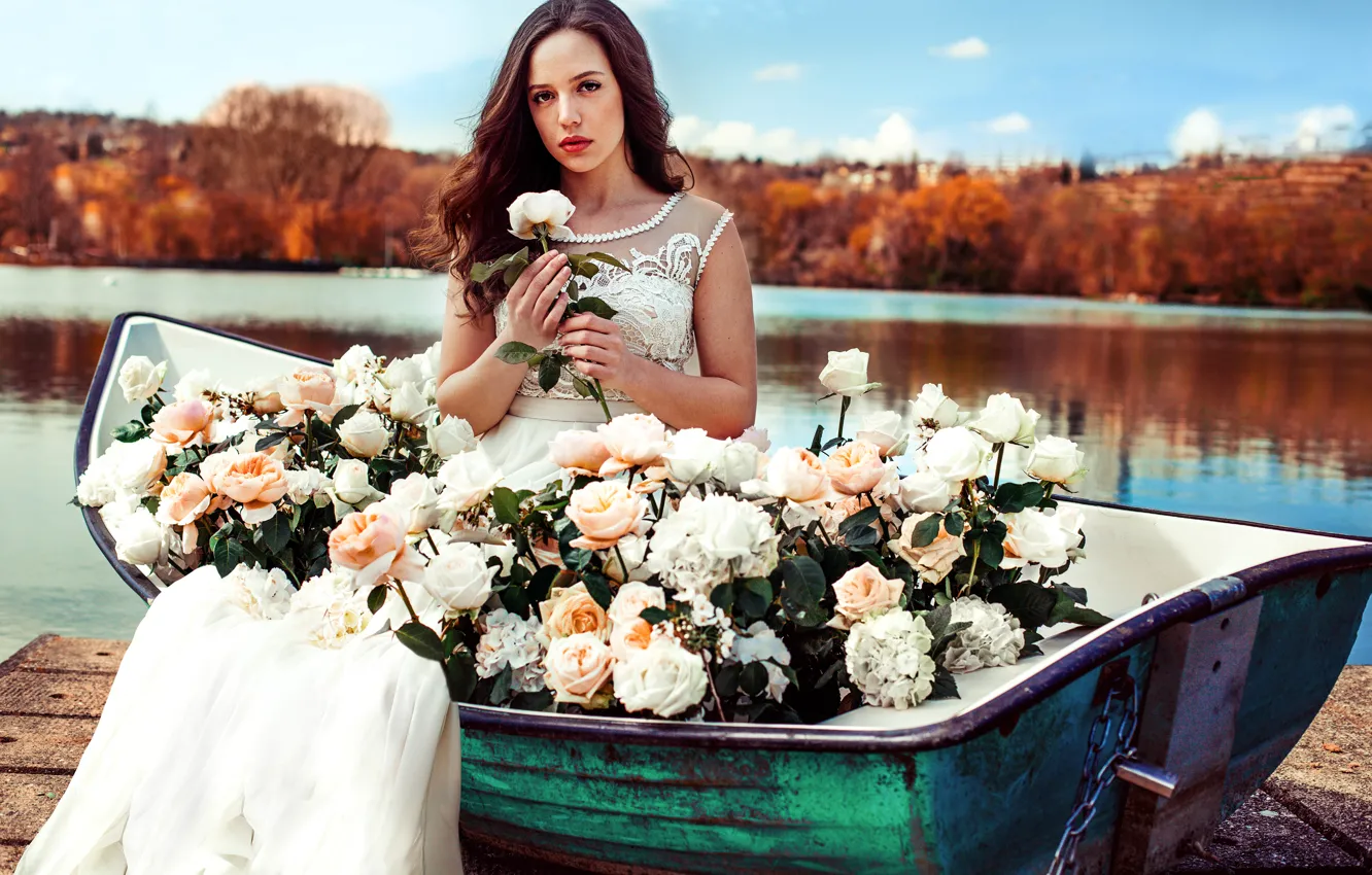 Photo wallpaper girl, flowers, nature, lake, boat, roses, dress