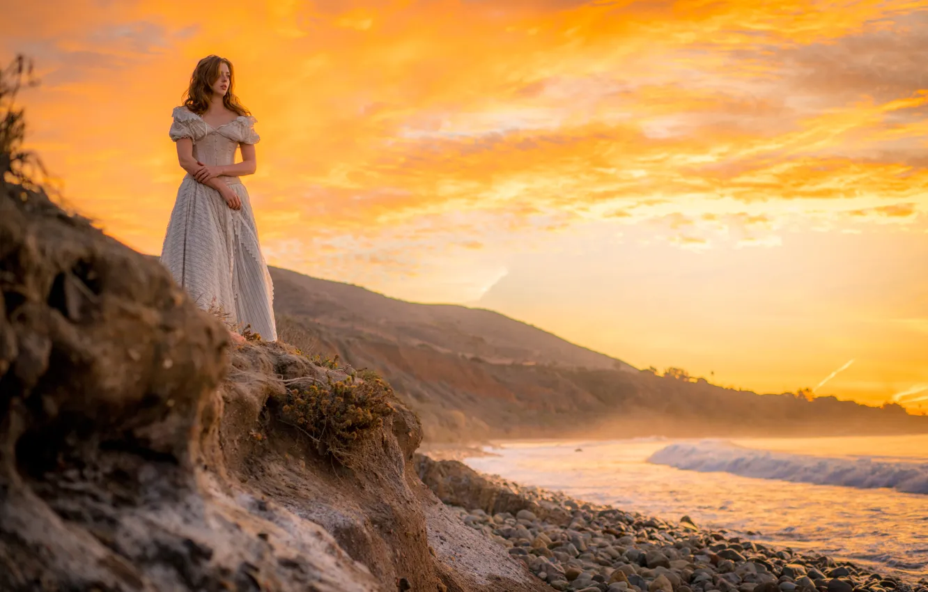 Photo wallpaper sea, the sky, girl, shore, coast, dress, waiting