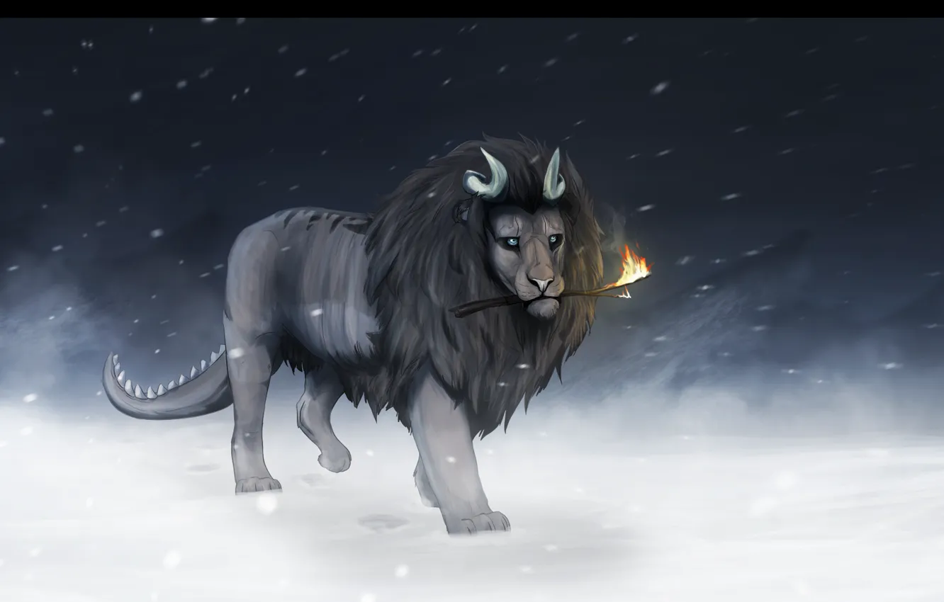 Photo wallpaper cold, winter, snow, lights, fiction, animal, Leo, mane