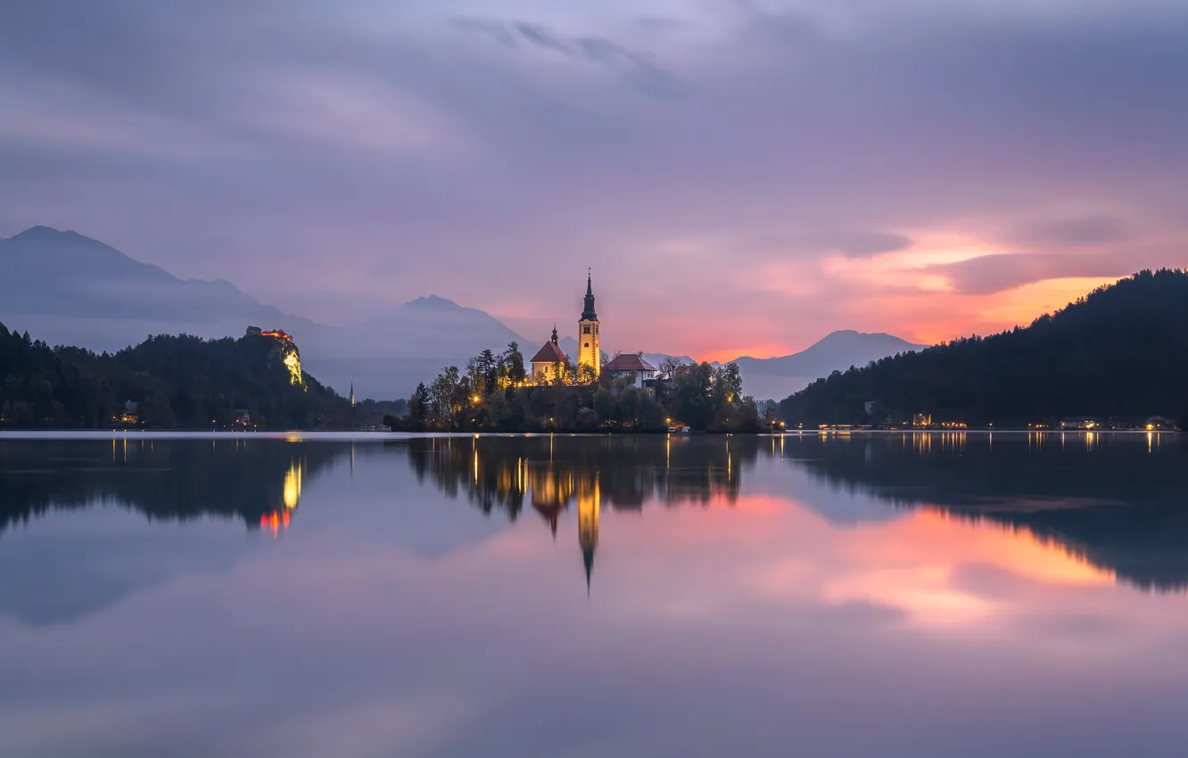 Photo wallpaper forest, the sky, clouds, light, sunset, mountains, lights, fog