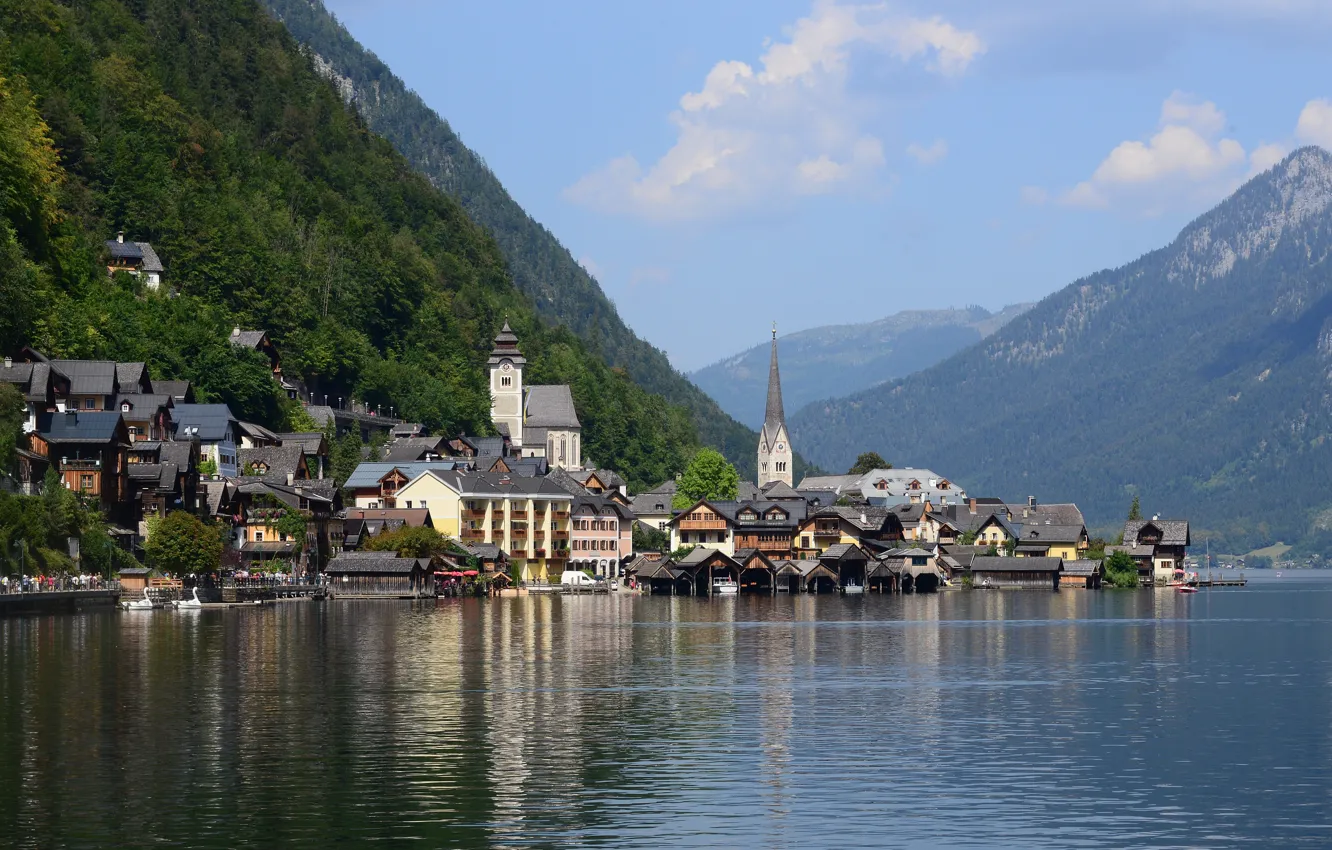Photo wallpaper city, summer, lake, Austria, Hallstatt, Sommer