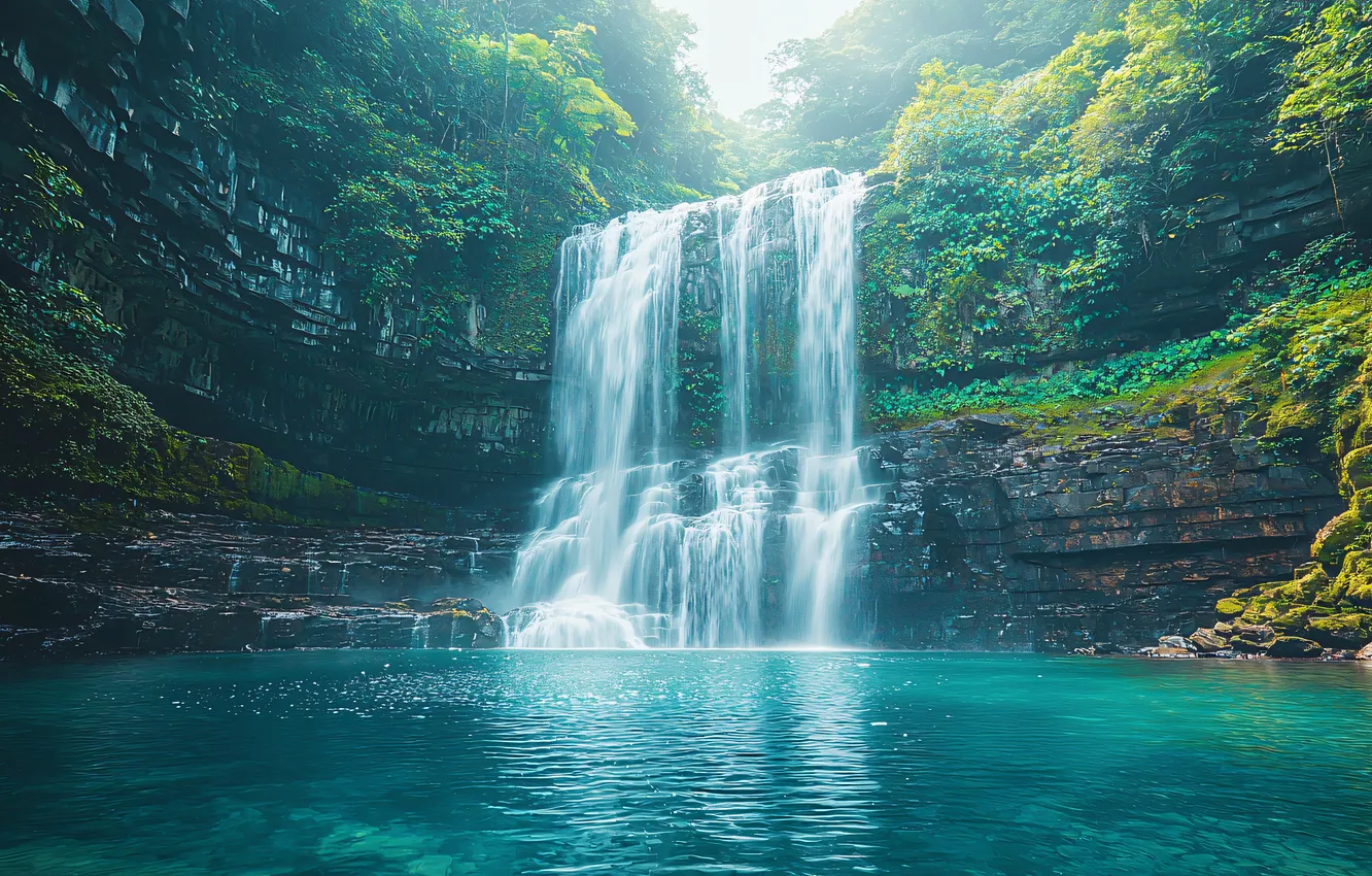 Photo wallpaper forest, landscape, nature, rocks, shore, vegetation, waterfall, stream