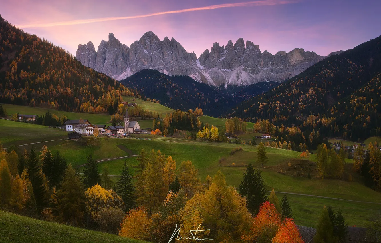 Photo wallpaper autumn, mountains, Italy, forest, the village, The Dolomites