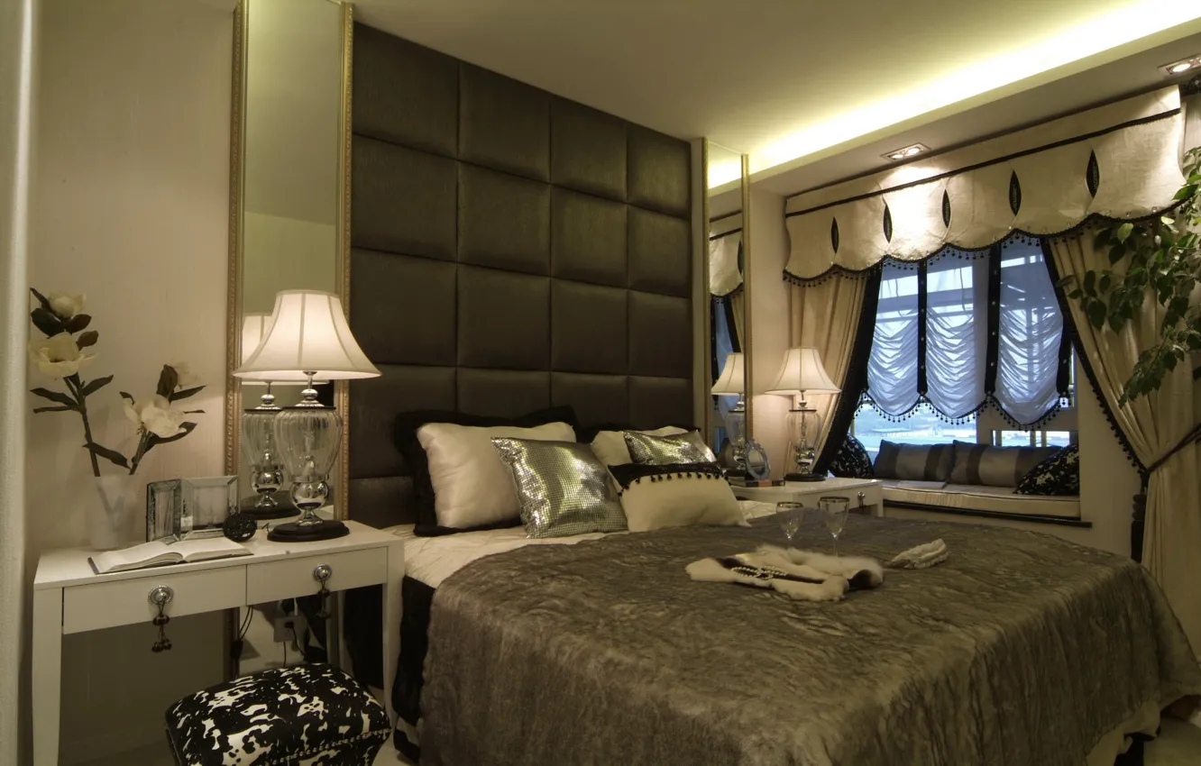 Photo wallpaper flowers, style, room, lamp, bed, table, bedroom